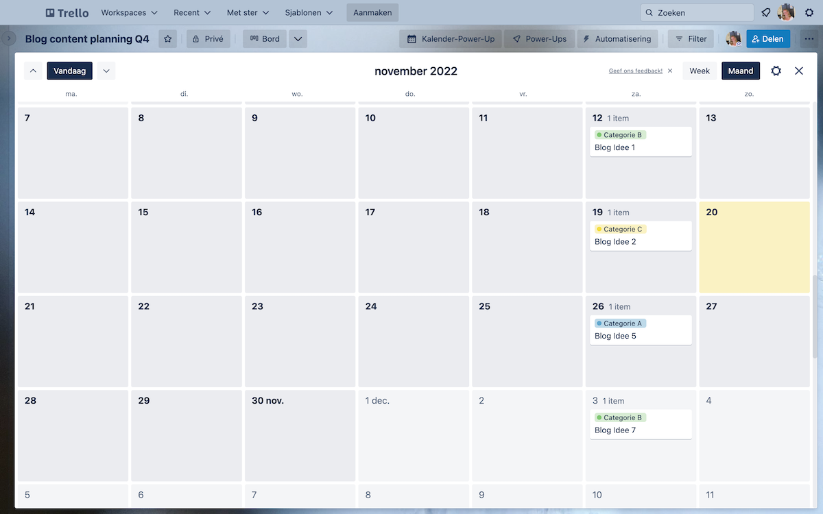 Kalenderweergave van de content planning voor je blog