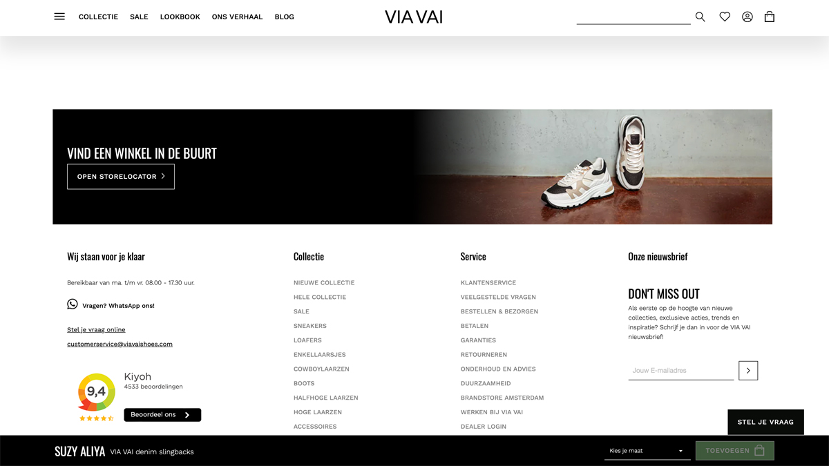Call to action banner op de website van Viavai schoenen